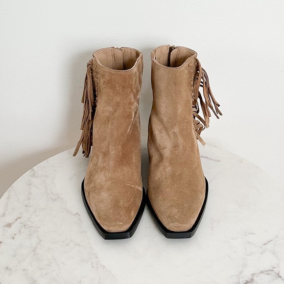 All Saints NEW Layla Cognac Sand Suede Fringe Zip Heel Ankle Booties Size 7 - Picture 7 of 12